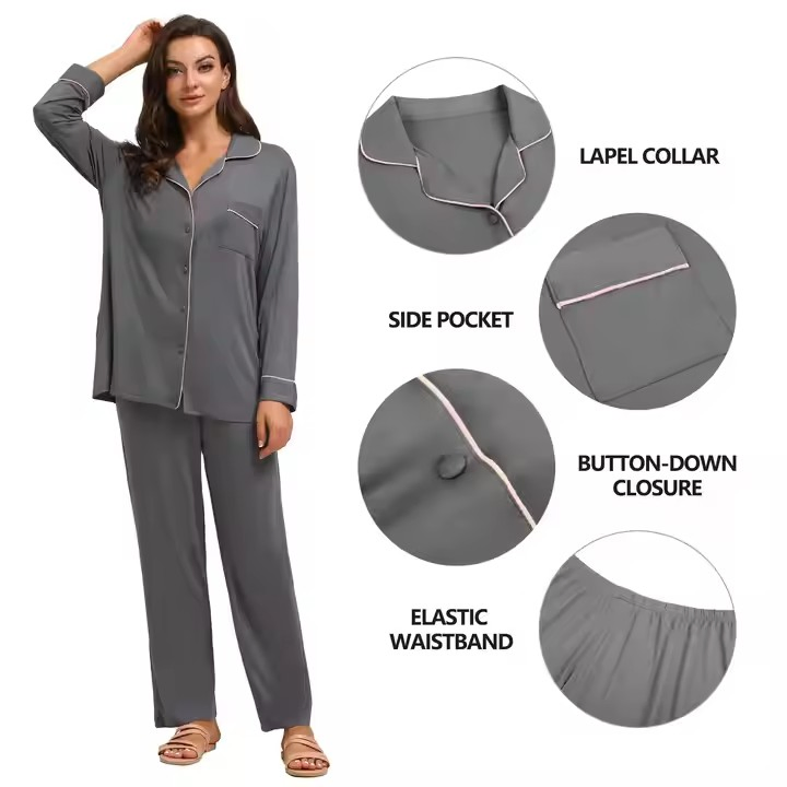 Pijamas de mujer de dos piezas de algodón orgánico modal de bambú, conjunto de top de manga larga y pantalones