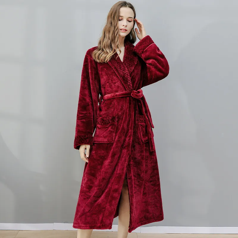 Venta Caliente Otoño Invierno Bata de Franela Larga Talla Grande Unisex Pijamas de Pareja Ropa de Casa Cálida