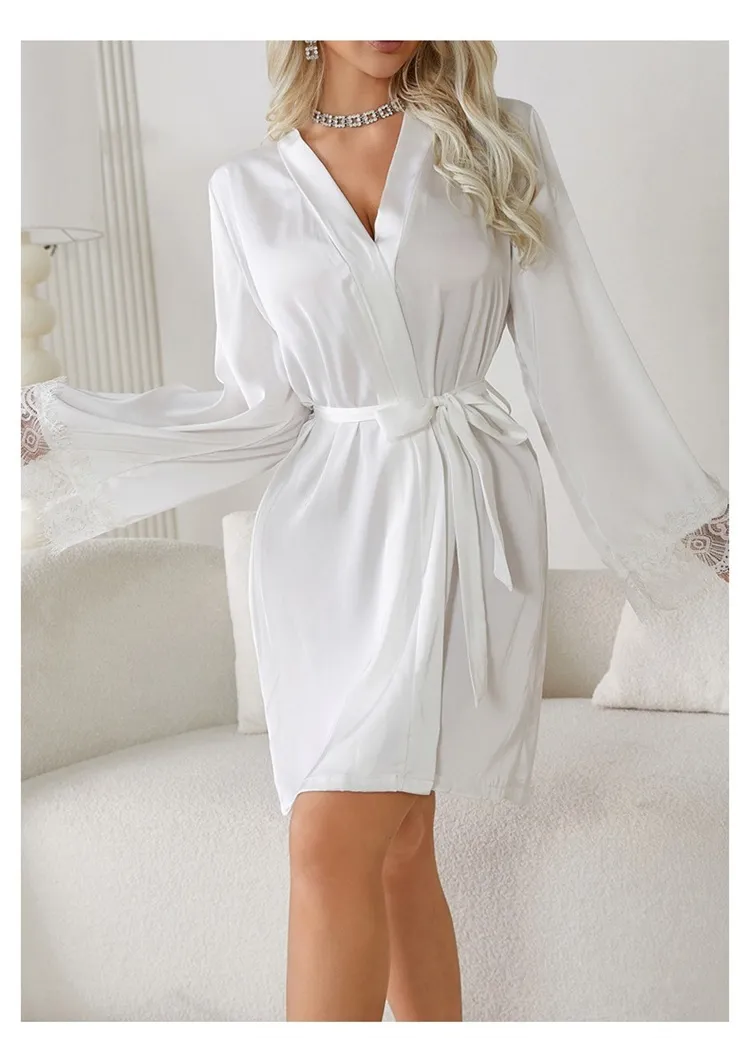 Pijama de seda helada con tirantes de encaje para damas