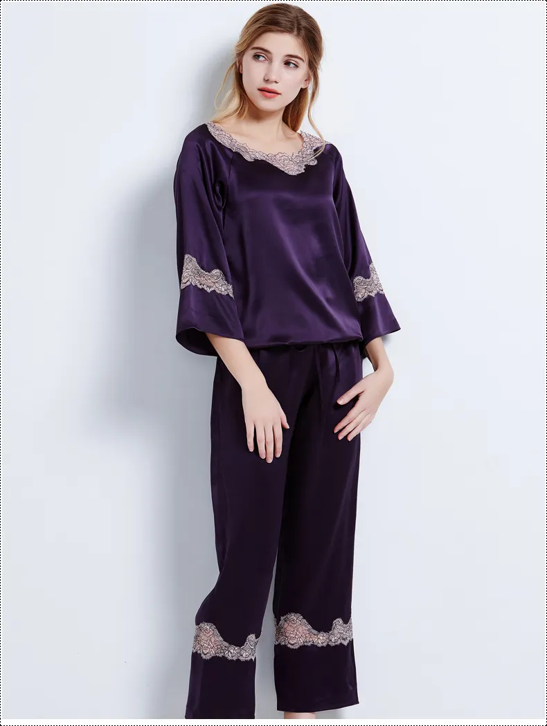 Conjunto de pijama de seda pura para dama con bordado de lujo 100%
