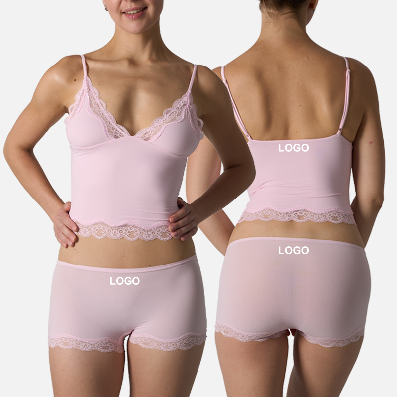 Conjunto de pijama de mujer con tirantes en V impresos, panty de alta elasticidad y bordes de encaje