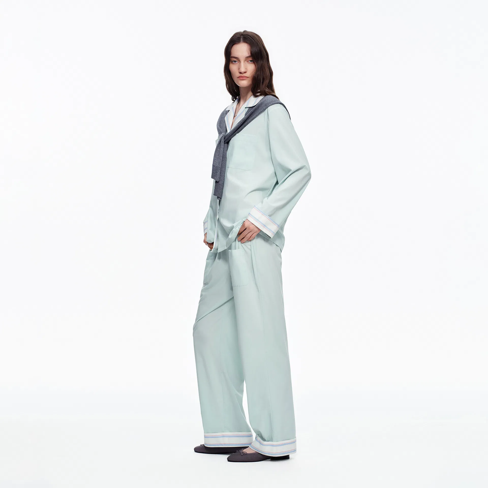 Women Minimalist Solid Breathable Fabric Long Sleeve Casual Antibacterial Loungewear Pajamas