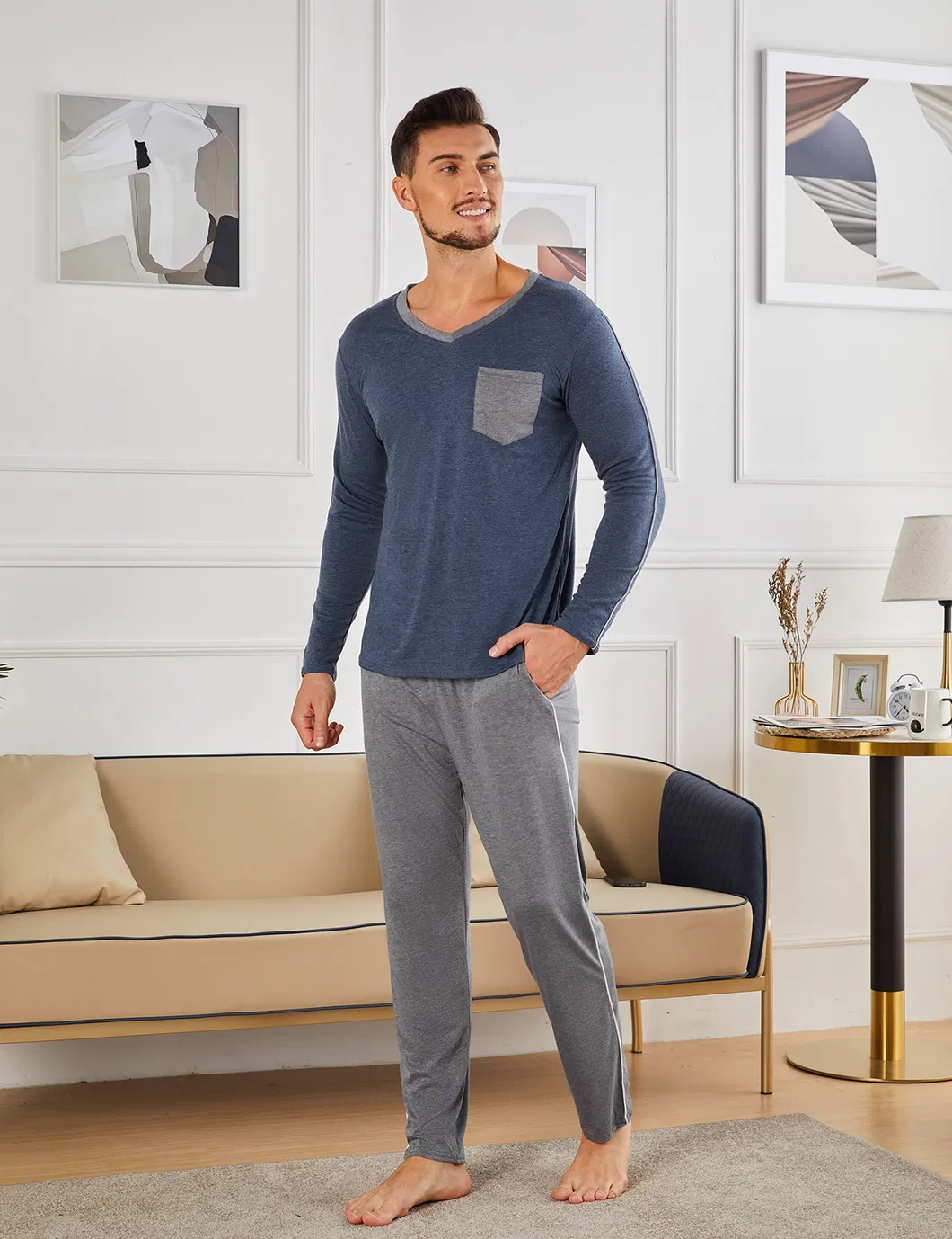 Pijamas de invierno para hombres, conjuntos de algodón cálido, pijamas de manga larga, pijamas de cuello redondo, ropa de dormir suave y cómoda, ropa de casa para hombres, dos piezas para hombres