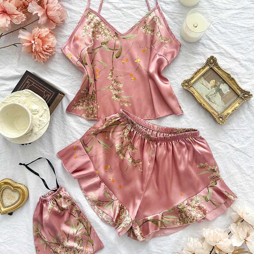 Pijamas impresos de estilo seda imitación talla grande, pijamas de seda helada casuales y a la moda, ropa de casa
