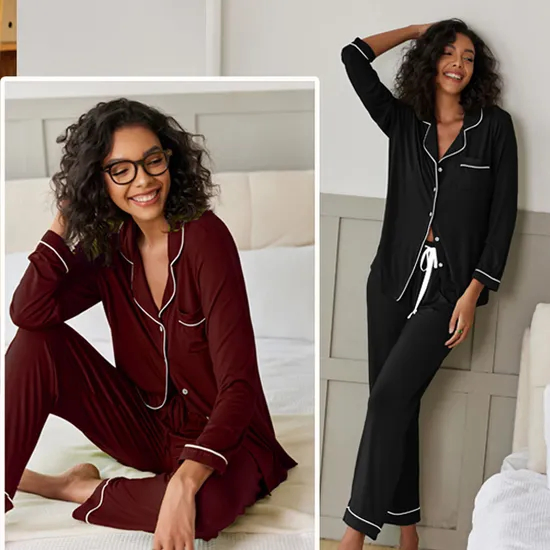 Pijamas de mujer de dos piezas de algodón orgánico modal de bambú, conjunto de top de manga larga y pantalones