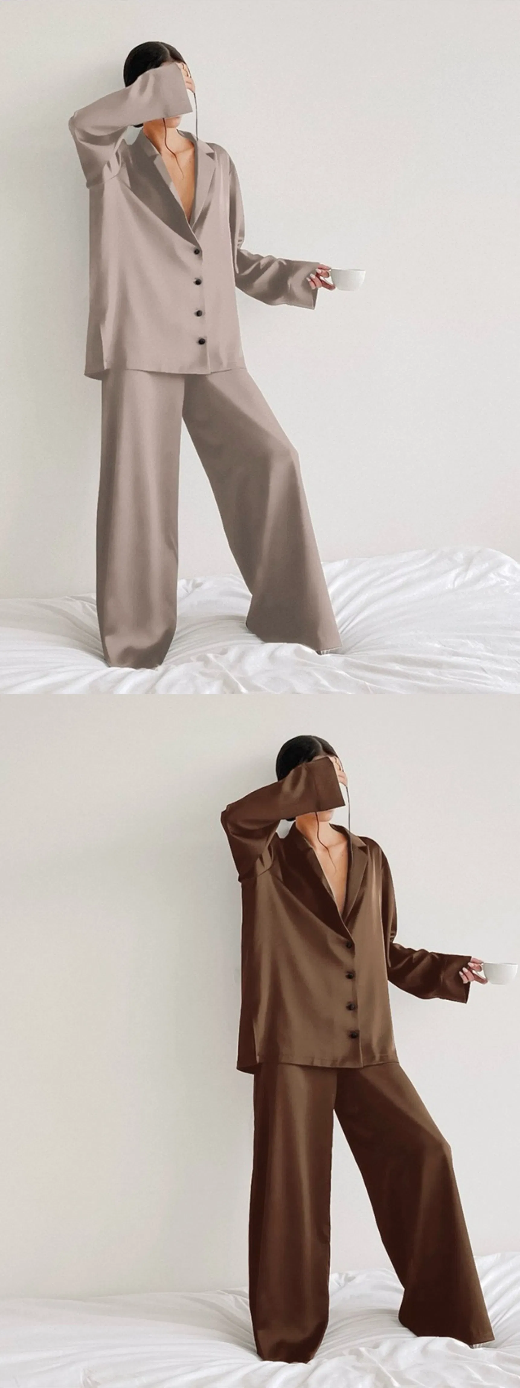 Conjunto de pijamas de dos piezas de camisa de satén suelta de manga larga y pantalón de pierna ancha estilo chica suave