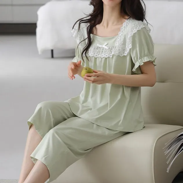 Conjunto de pijama de algodón corto de manga corta para mujeres, verano dulce y juvenil