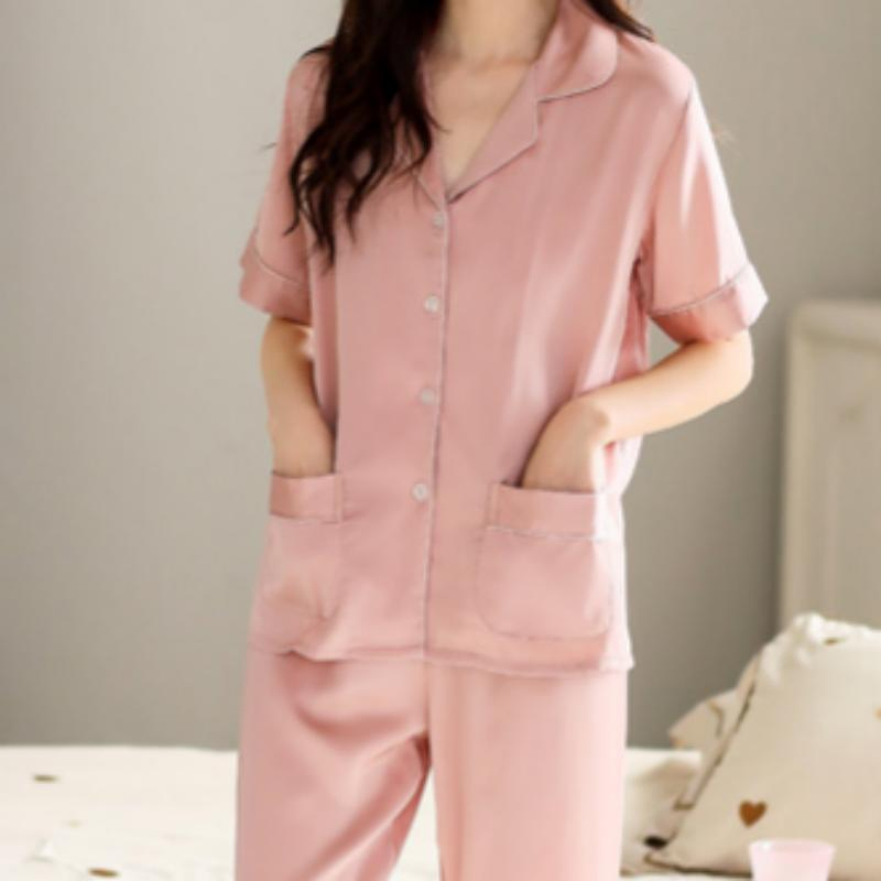 Conjunto de pijama de verano para mujeres de talla grande, de seda sintética fina, de manga corta y capri