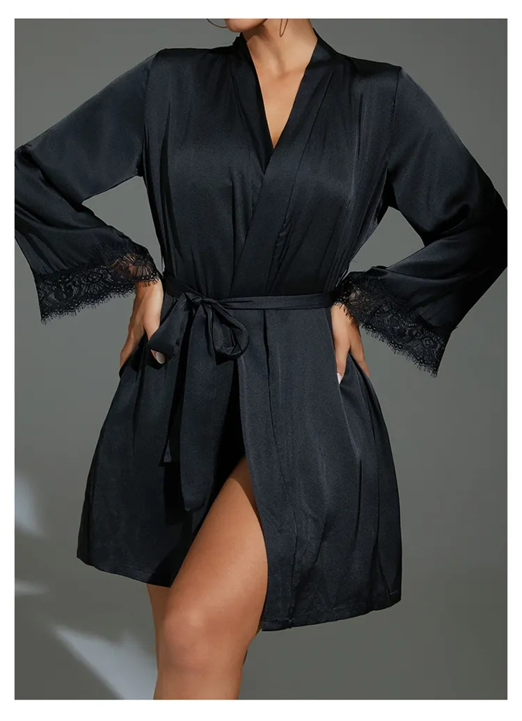 Pijama de seda helada con tirantes de encaje para damas