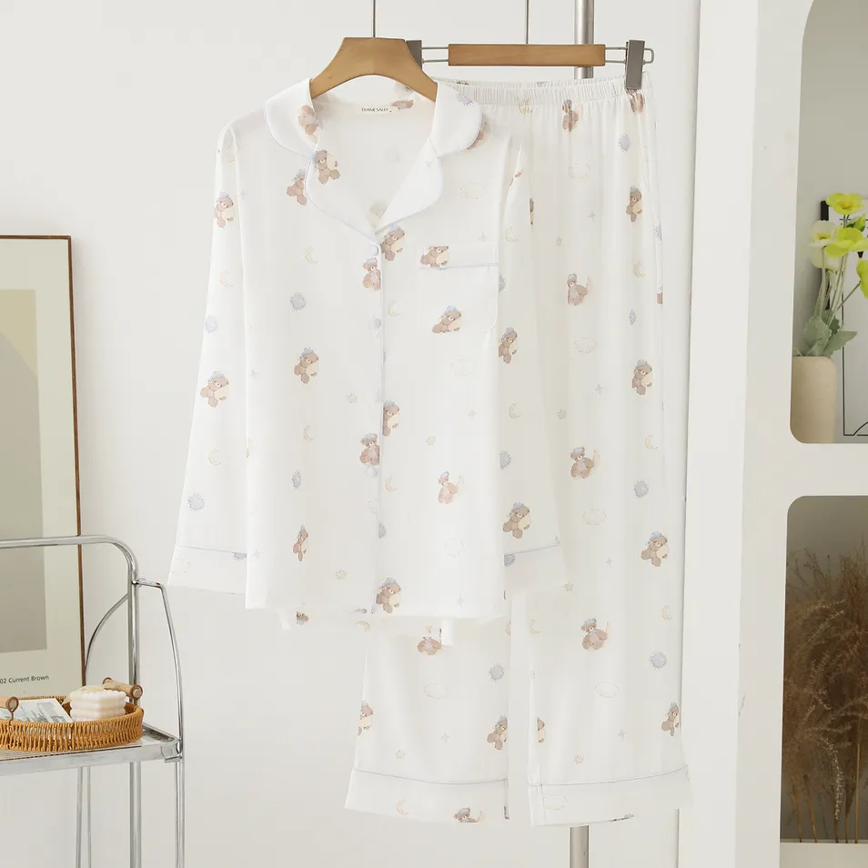 Conjunto de pijama de seda helada para mujer de primavera y otoño con solapa y pantalones largos 2-Piece