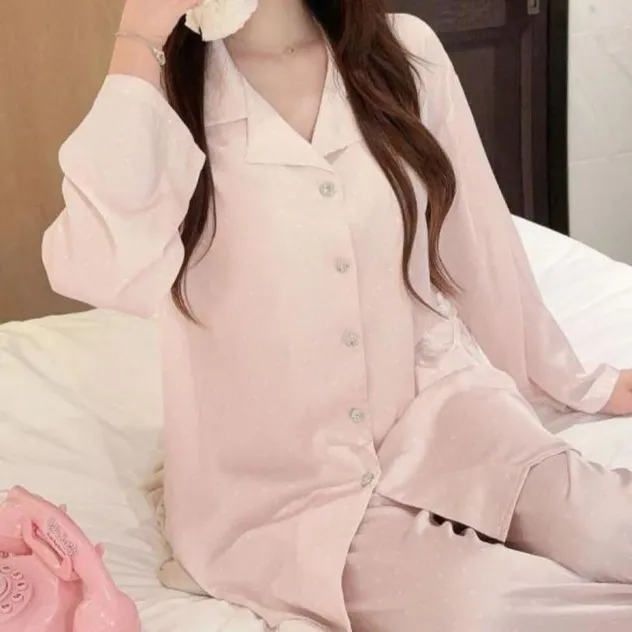 Pijama de seda helada para mujer con mangas largas de lunares, ropa de estar en casa para usar afuera
