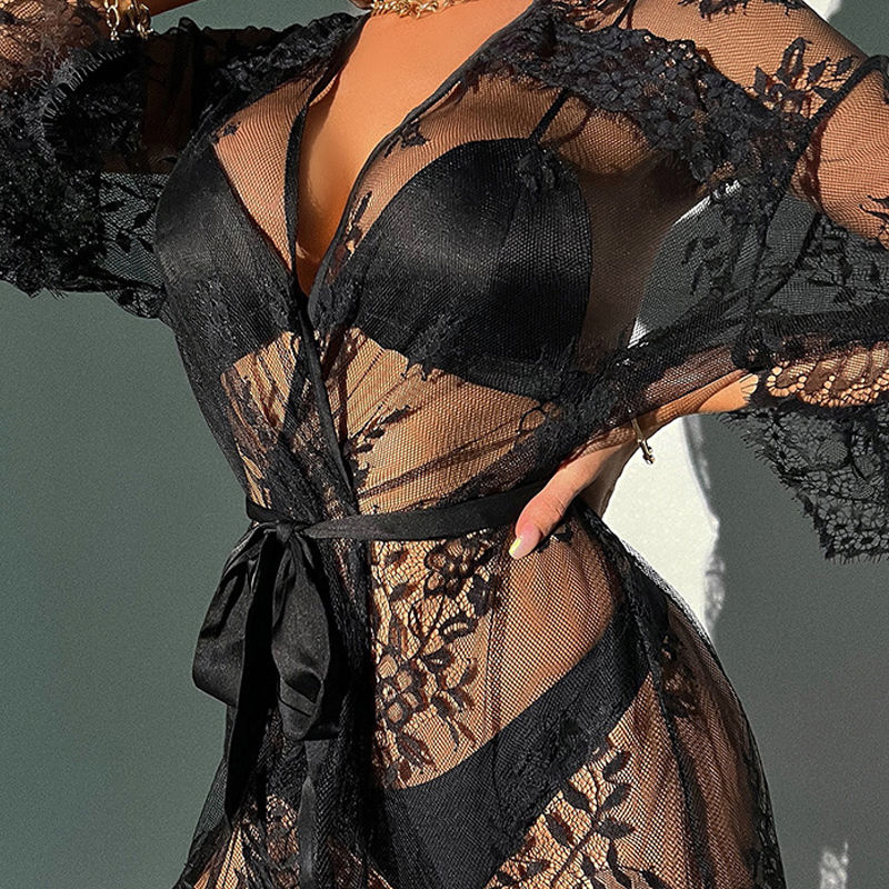 Atractivo Sexual Bata de Encaje Ancho Perspectiva Profunda V Frenum Ropa Cómoda de Casa Ropa Interior Sexy Pijamas Sexys