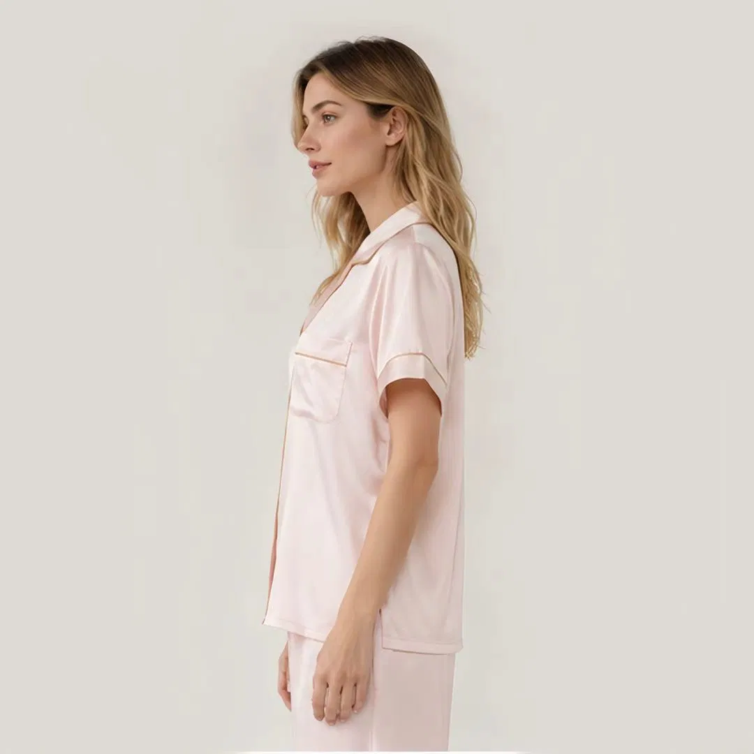 Conjunto de pijama de satén rosa para damas, manga corta, cuello de muesca, pantalones largos, ropa de dormir elegante, color personalizado, traje de noche para mujeres, stock disponible