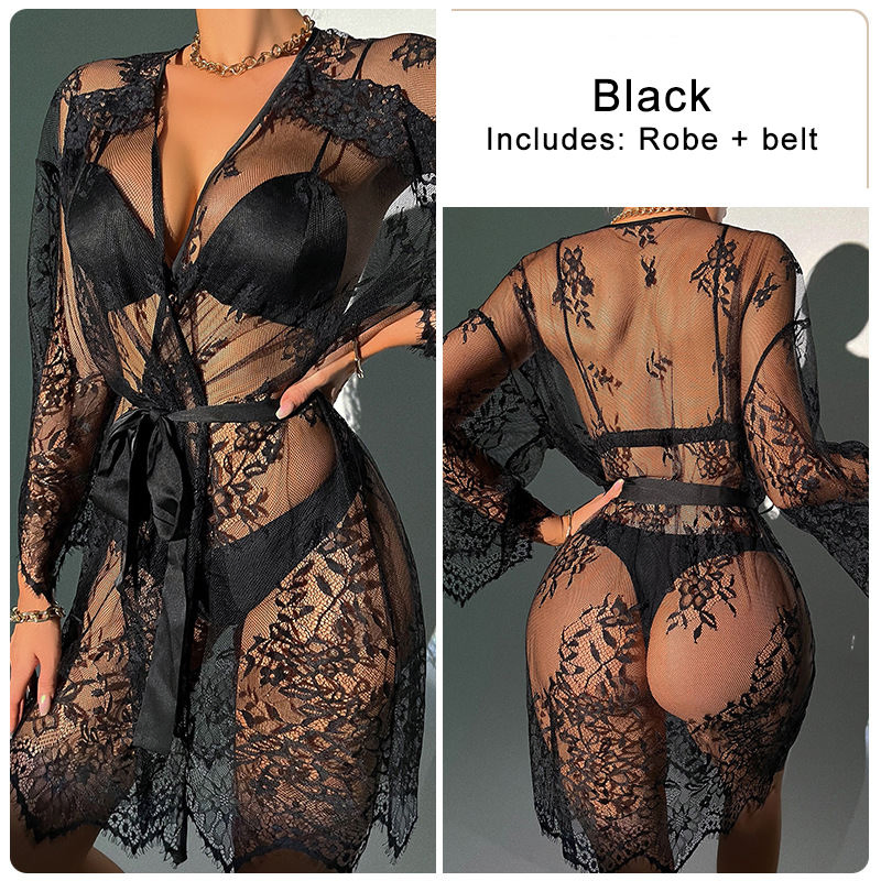Atractivo Sexual Bata de Encaje Ancho Perspectiva Profunda V Frenum Ropa Cómoda de Casa Ropa Interior Sexy Pijamas Sexys