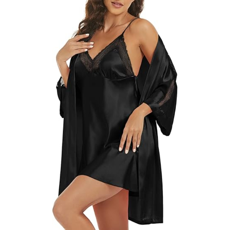 Conjuntos de Pijamas de Seda para Mujeres Bata de Satén con Camisón 2 Pieza de Ropa de Dormir Sexy Camiseta de Encaje