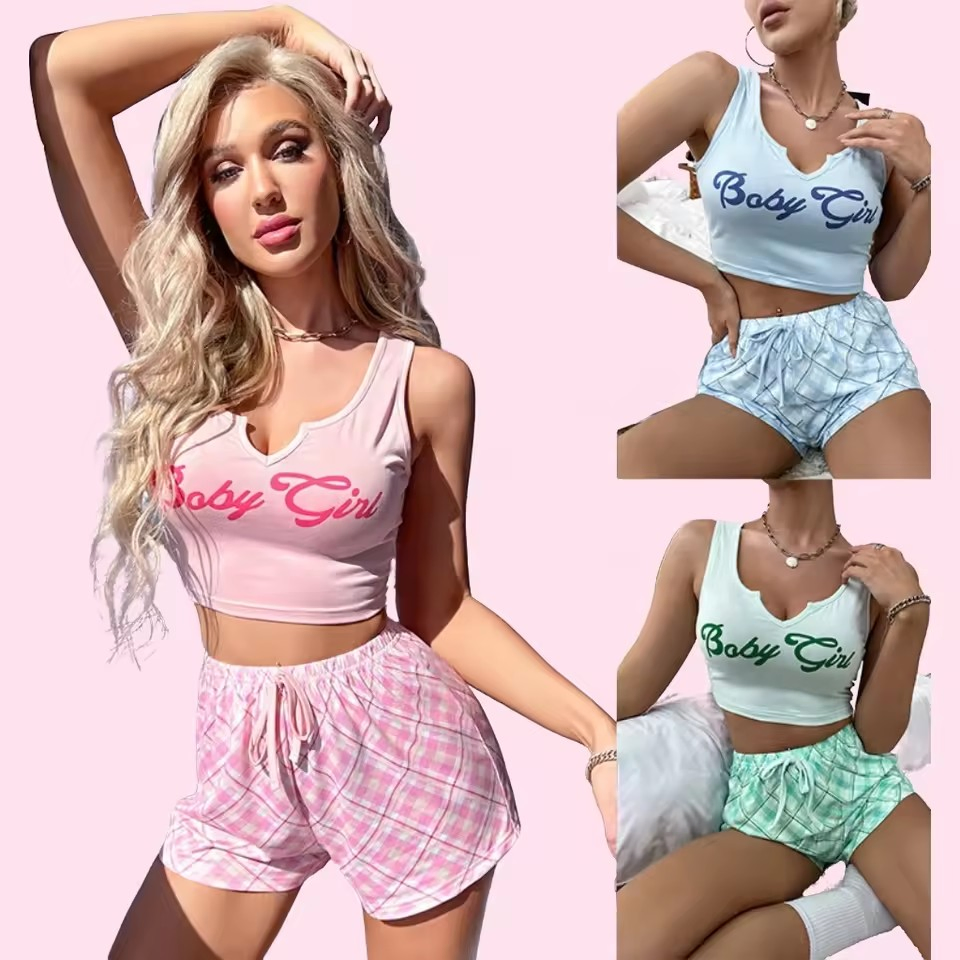 Conjunto de pijamas de verano para mujeres europeo y americano de dos piezas, sexy, sin tirantes, top y pantalones cortos