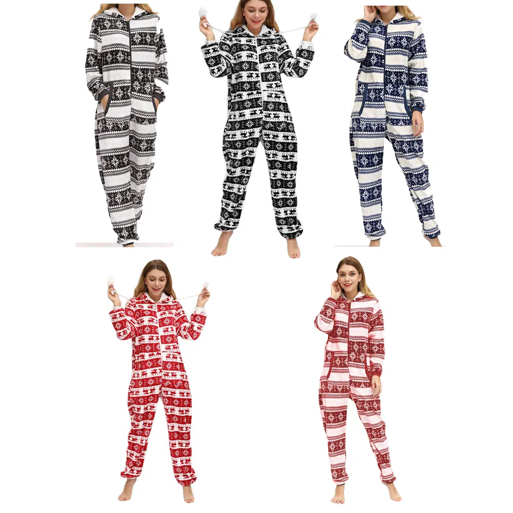Conjunto 2023 de pijamas de una pieza para mujer de franela cálida con capucha y pies, con cremallera, suave para adultos, mono para damas, camisón familiar con pie y capucha para el invierno