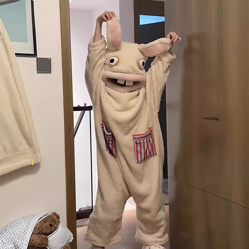 Pijamas de una pieza al por mayor, de estilo caricaturesco y peculiar, forrados con coral de invierno, gruesos y cálidos, se pueden usar como ropa exterior o de descanso