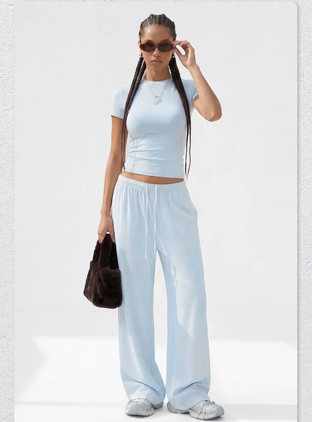 Conjunto de pijama deportivo casual de dos piezas, pantalones de cintura alta, de manga corta y de longitud completa
