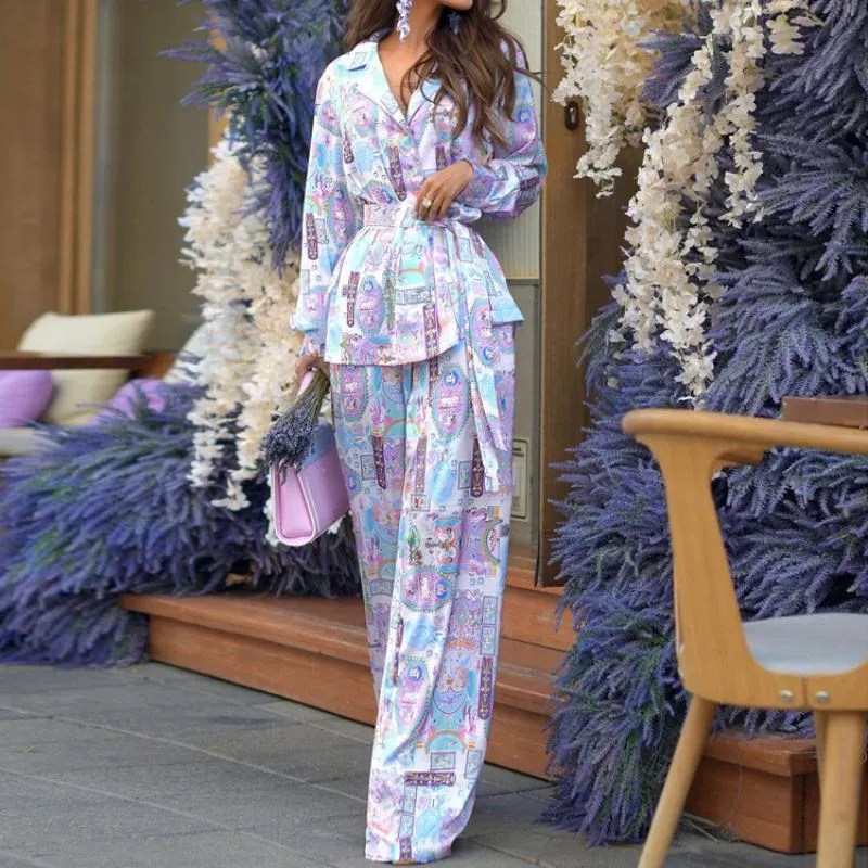 Conjunto de pijama impreso para mujeres, con mangas largas, adecuado para uso diario y exterior