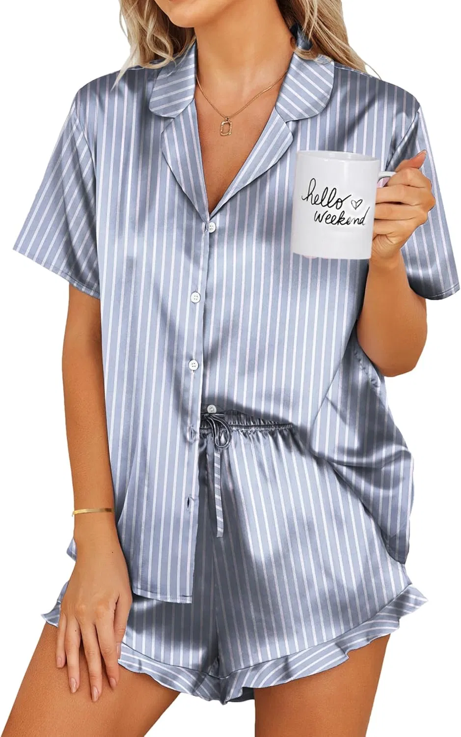 Conjunto de Pijamas de Satén para Mujeres con Botones 2 Piezas de Seda Pjs Cortos con Volantes