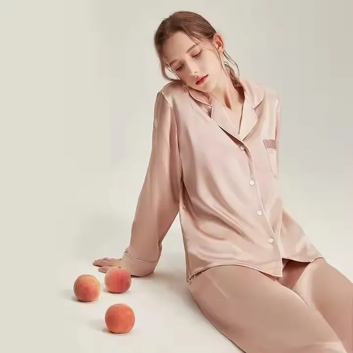 100% Conjunto de Pijamas de Seda Transpirable de Dos Piezas para Hombres con Mangas Largas Bata de Invierno Ropa de Noche Traje de Dormir