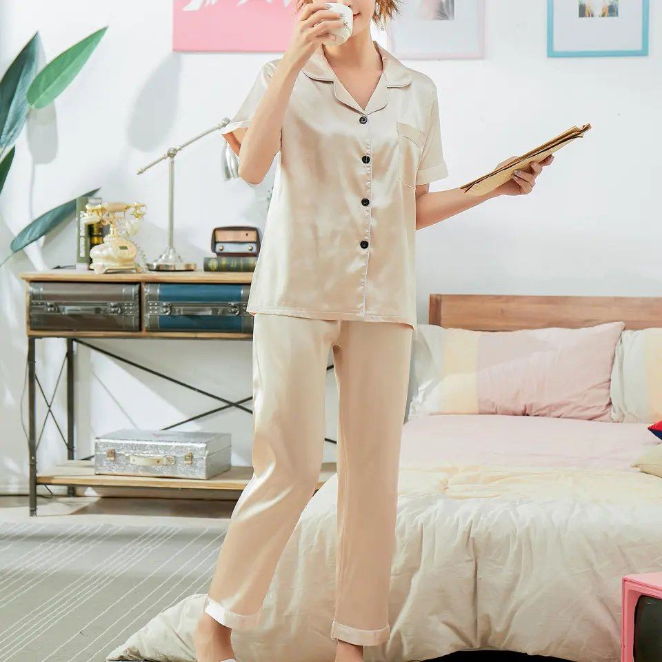 Conjunto de Pijamas de Satén Sólido para Mujeres de Manga Corta con Cuello y Botones 2 Prenda de Ropa de Casa Suave y Sedosa para Dormir Ropa de Noche Casual