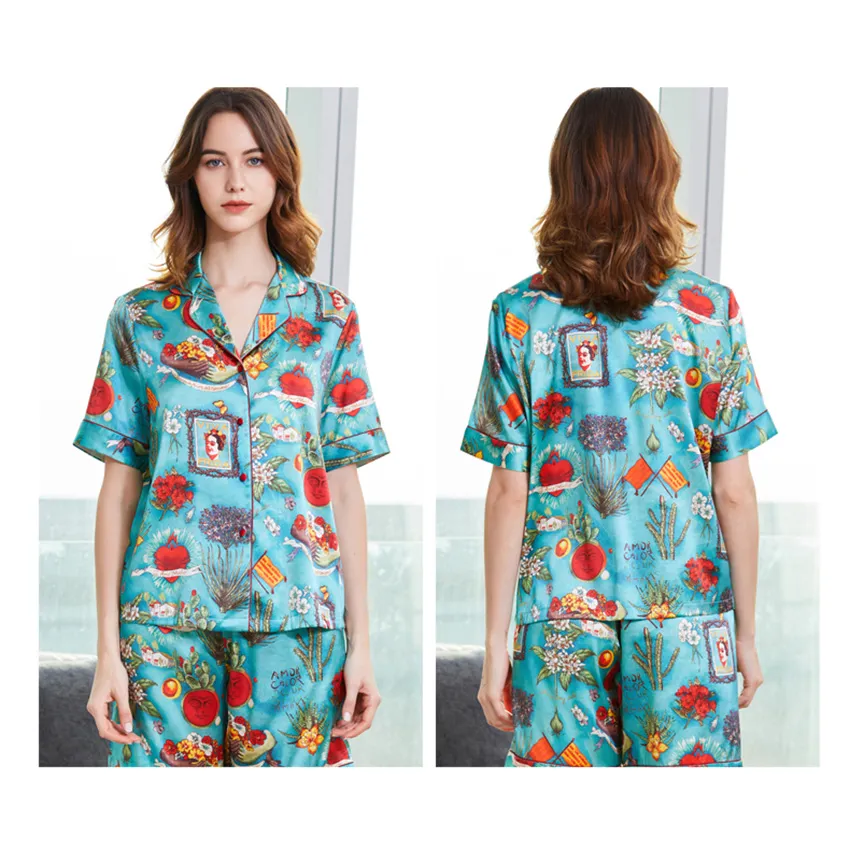 Pijama de Seda Mulberry Impresa 100% para Mujeres