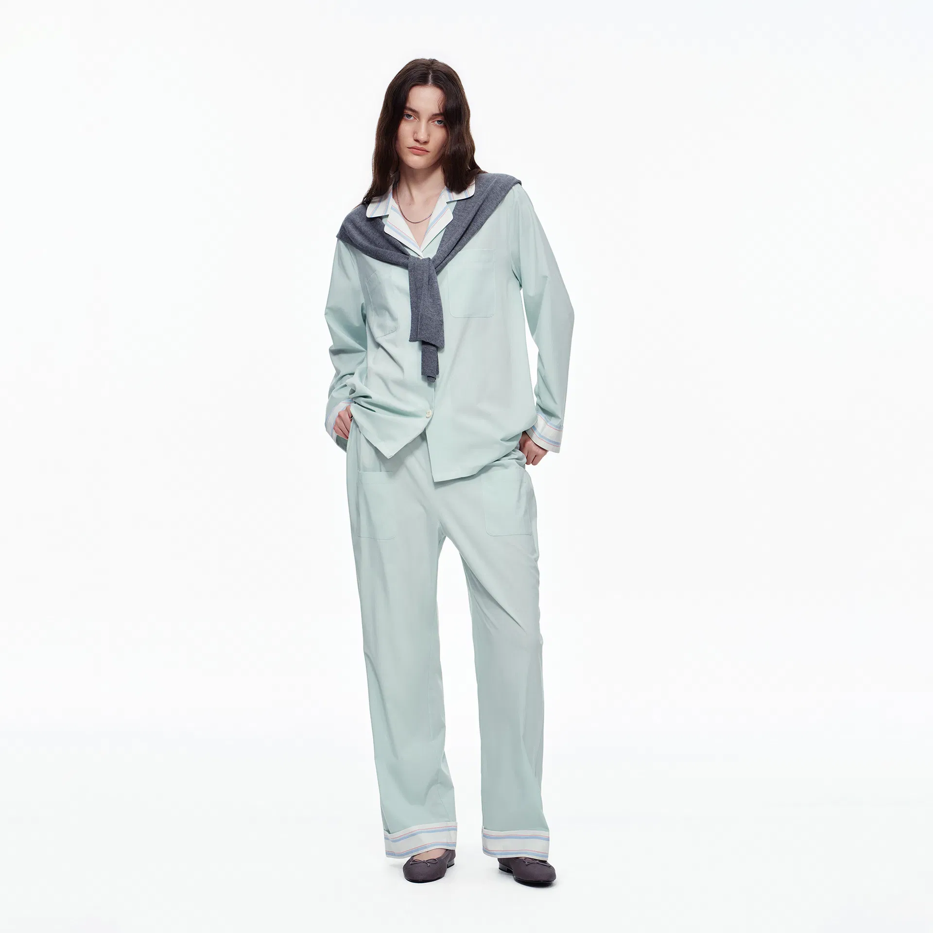 Women Minimalist Solid Breathable Fabric Long Sleeve Casual Antibacterial Loungewear Pajamas