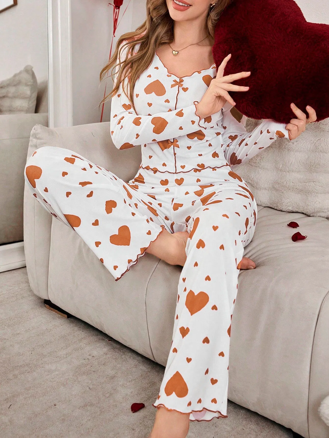 Conjunto de pijamas de San Valentín para mujer, ropa de hogar de invierno de manga larga