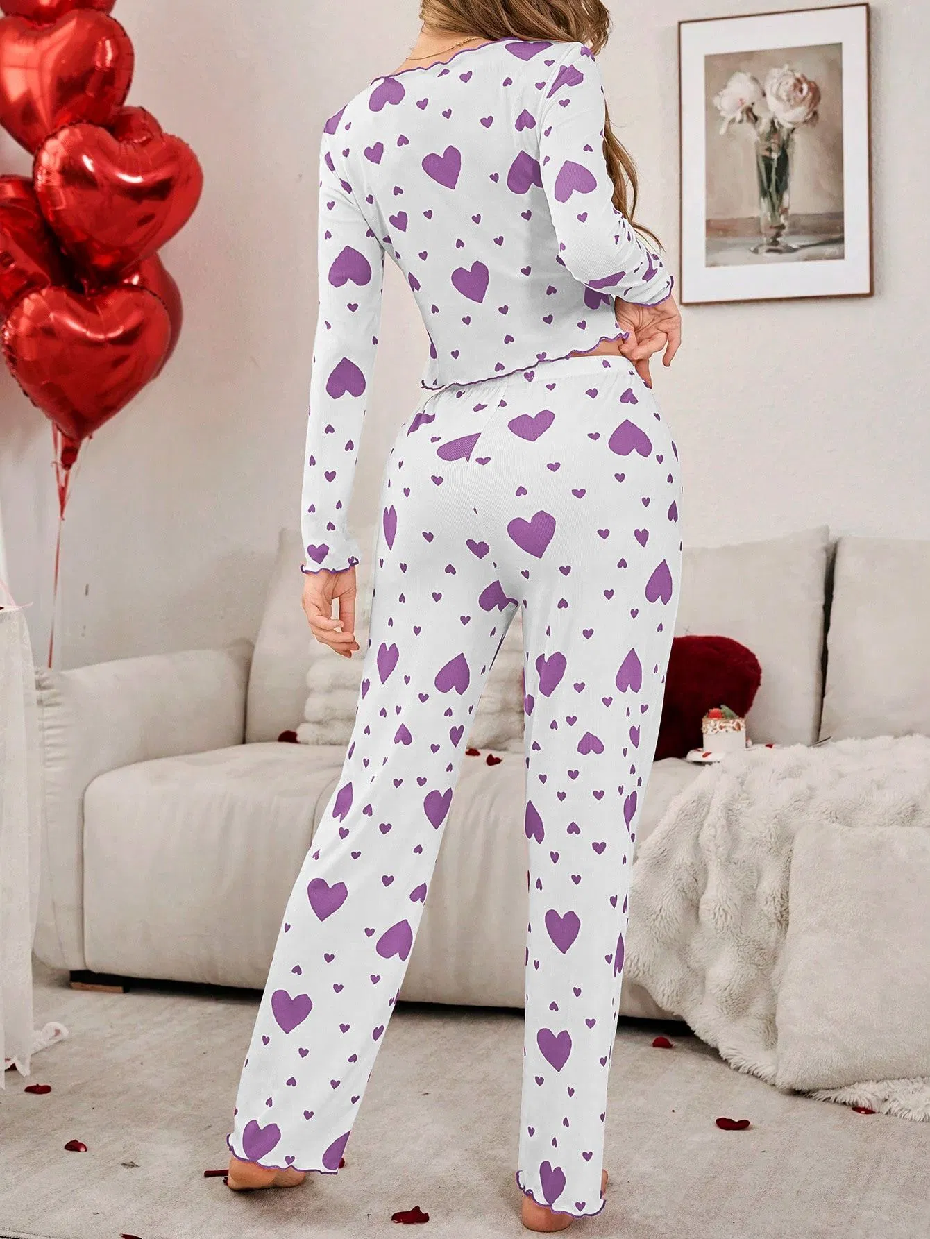 Conjunto de pijamas de San Valentín para mujer, ropa de hogar de invierno de manga larga