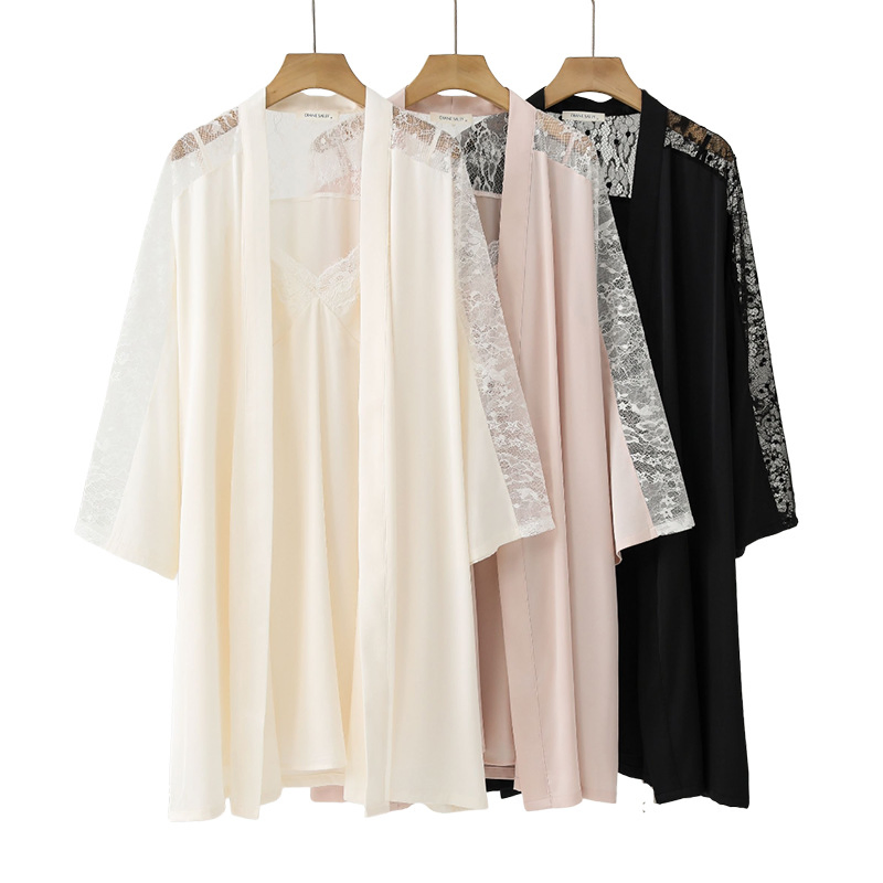 Pijamas de seda con encaje y escote en V cómodos y sexys para mujeres elegantes