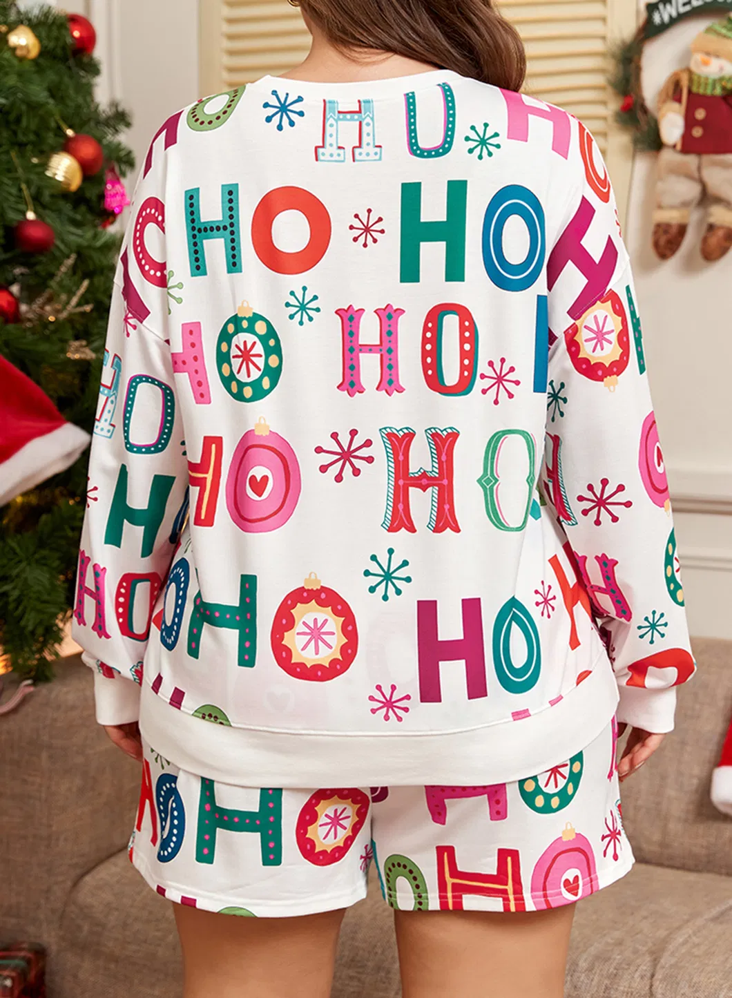 Boutique Mayorista Tallas Grandes Navidad Ho Ho Ho Impresión de Manga Larga Top y Pantalones Cortos 2PC Conjunto de Lounge Pijamas y Ropa de Dormir para Mujeres