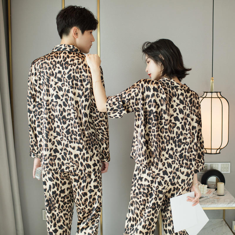 Pijamas de Navidad: Pijamas de manga larga de seda helada para hombres, pijamas sexys de estampado de leopardo para parejas, pijamas para mujeres, ropa de descanso