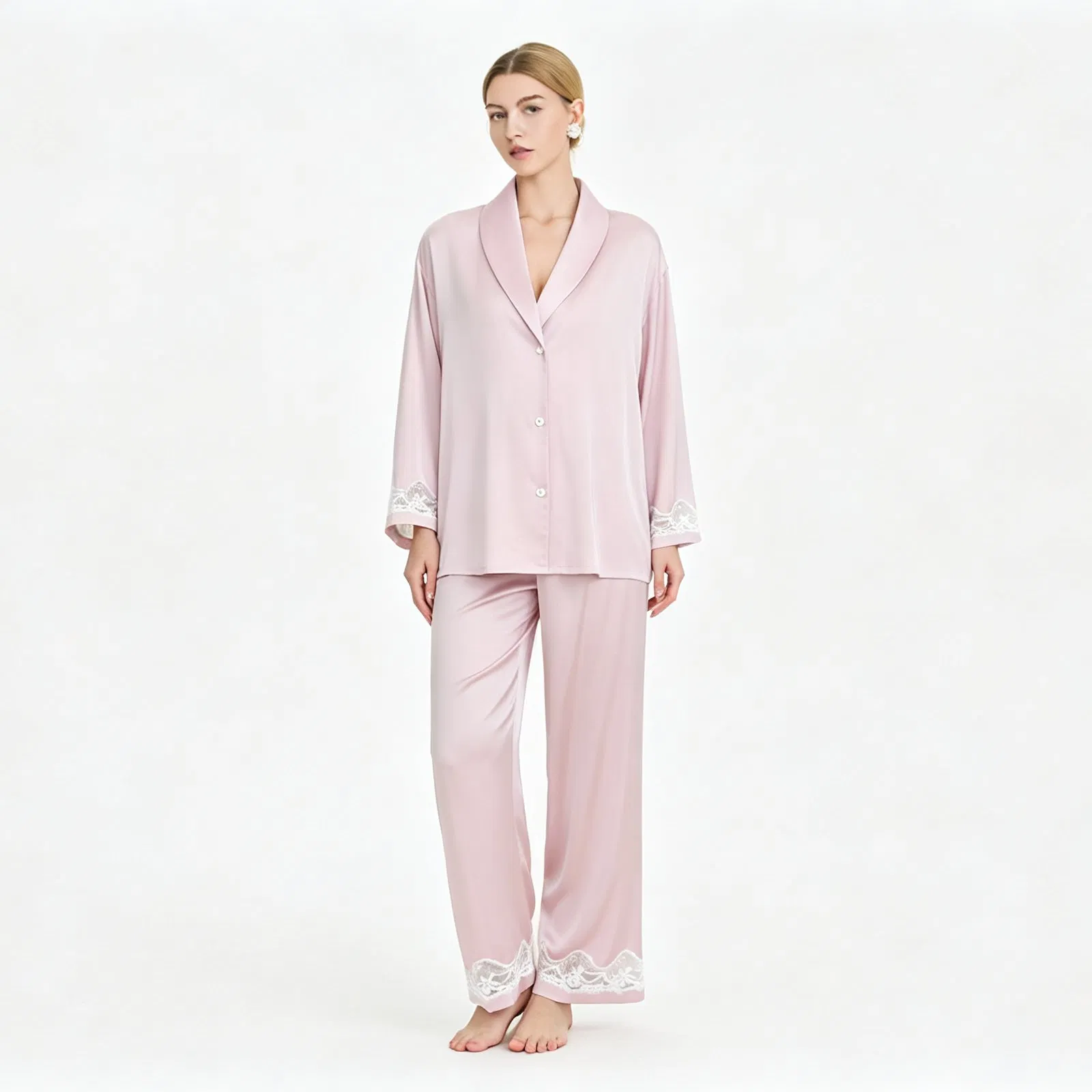 Conjunto de pijama de satén de lujo para mujer, con cuello en V, apto para todas las estaciones, para uso exterior y de descanso
