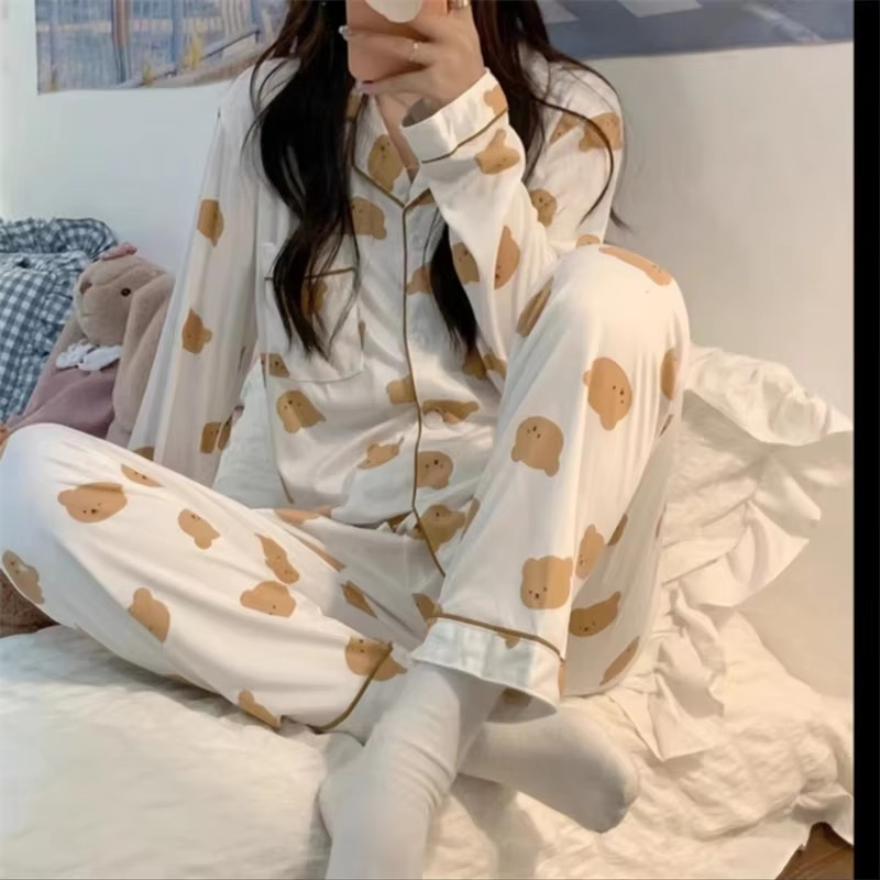 Pijamas de seda de simulación para hombres y mujeres, cardigan de manga larga con solapa para hombres y mujeres, seda helada, servicio de hogar de otoño