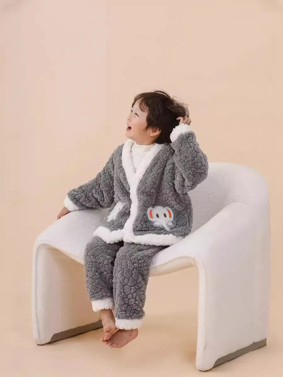Conjunto de ropa interior para niños de felpa coral, pijamas para niños de otoño e invierno