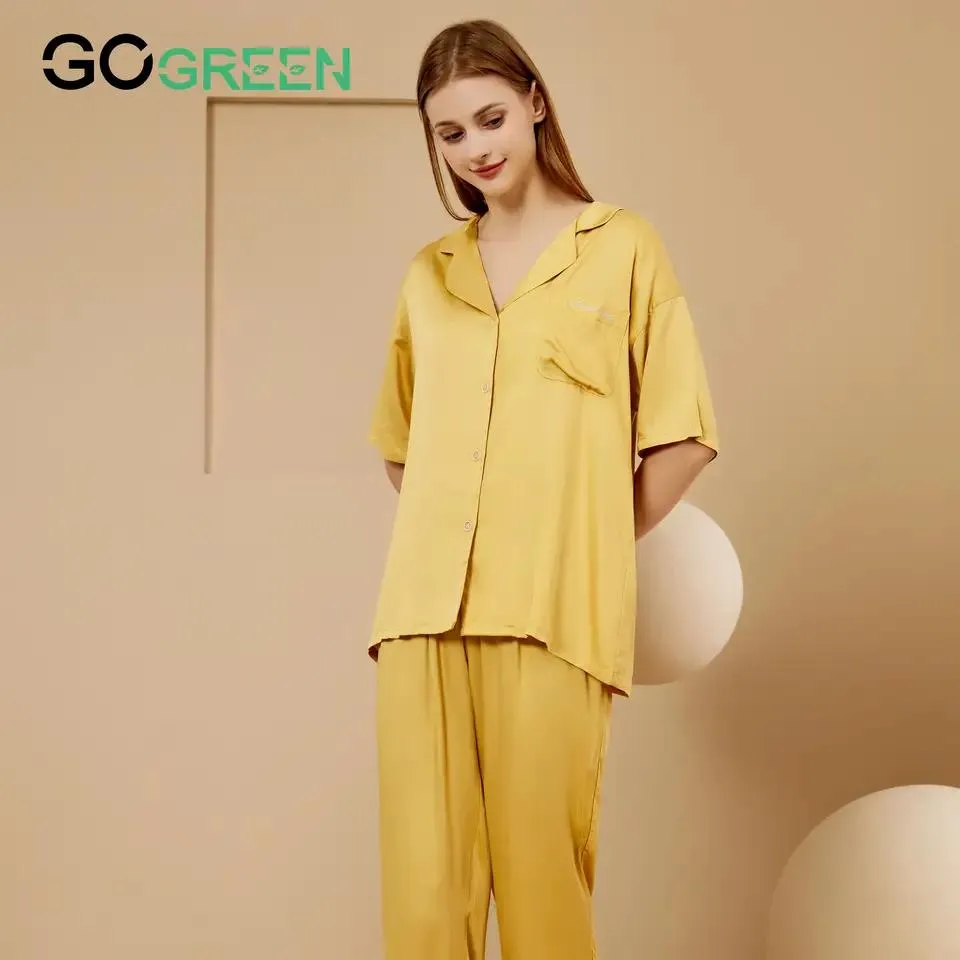 Pijamas de lyocell al por mayor 100% Con fibra orgánica conjunto de pijamas para damas de manga corta ropa de casa 2 piezas de ropa de descanso