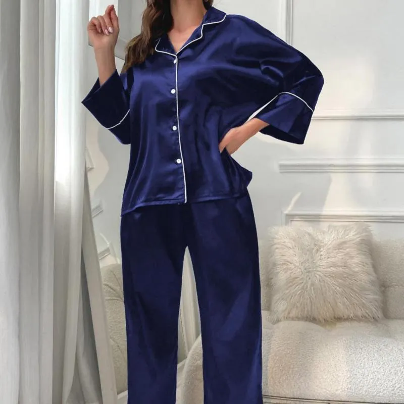 Conjunto de pijama de temporada para mujer, blusa larga de seda helada con contraste y pantalón largo
