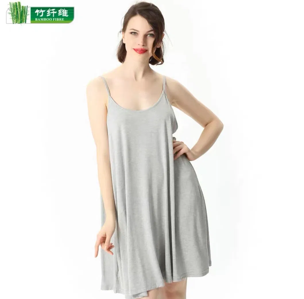 Camisón de bambú suelto sexy de longitud media negro, pijamas de bambú para verano, delgado