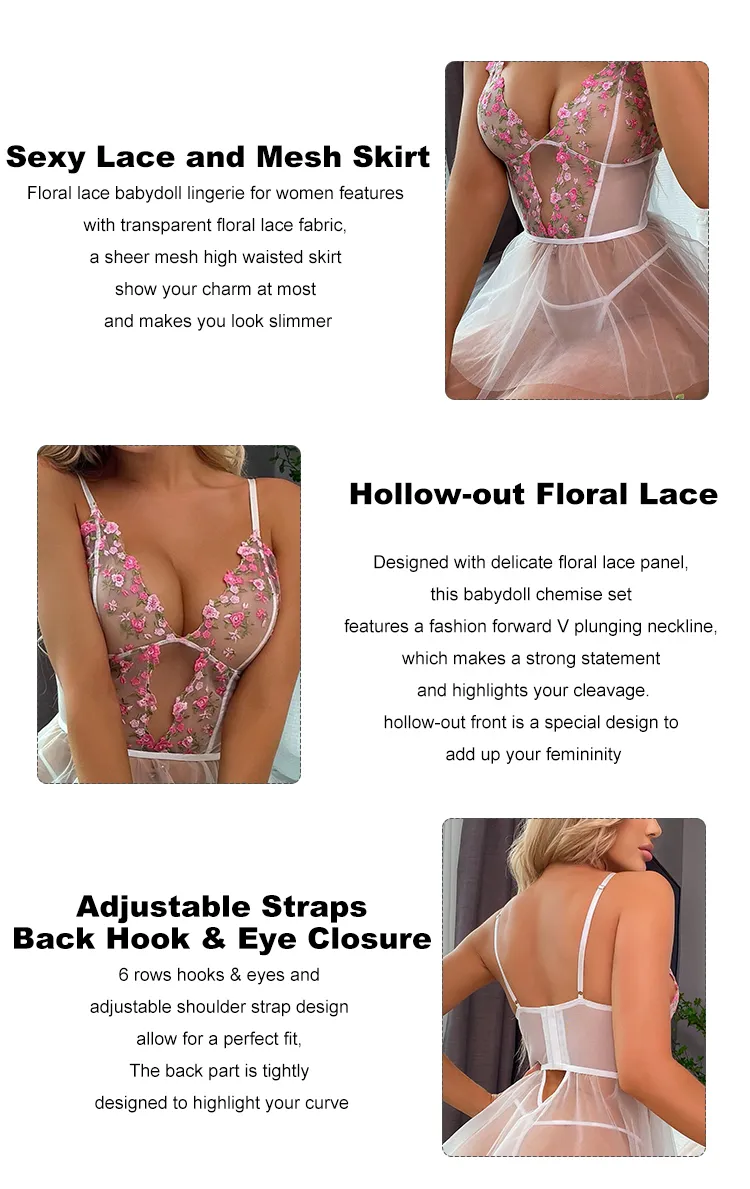 Lencería sexy personalizada al por mayor para mujeres, pijamas de encaje rojos, nuisette blanca transparente