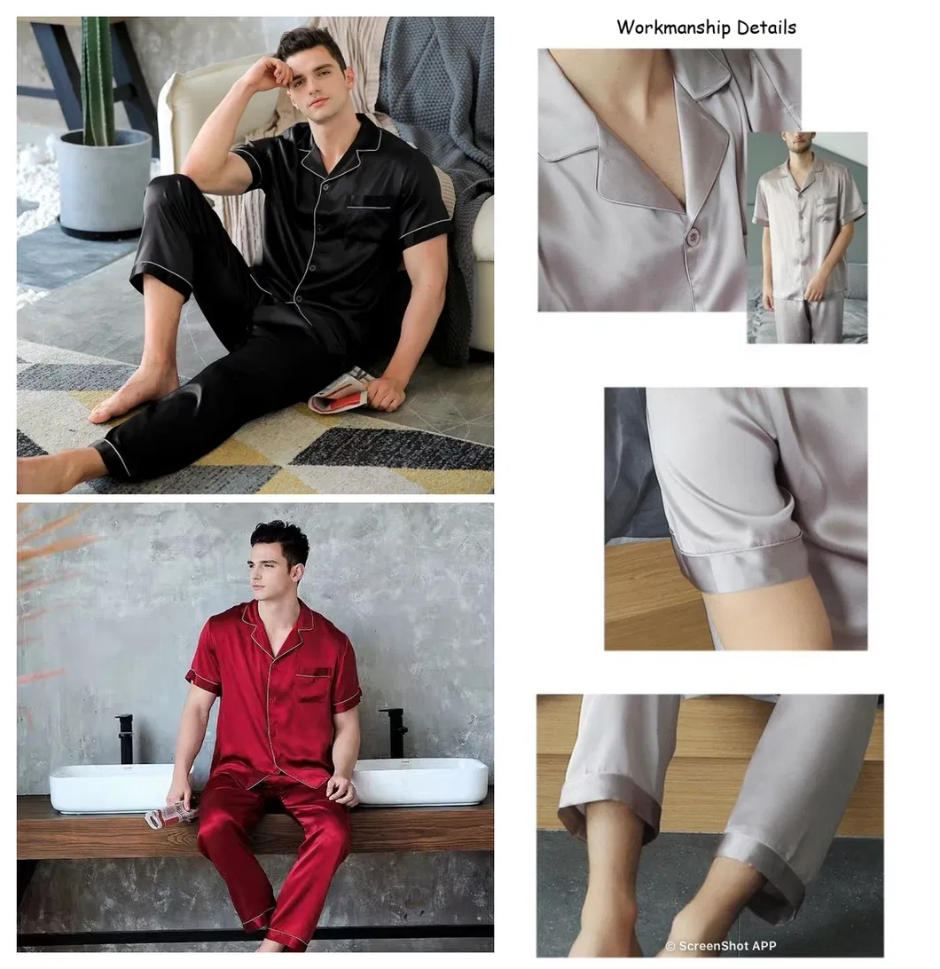 Pijama de dos piezas de seda pura para hombre, con camiseta de manga corta y pantalones