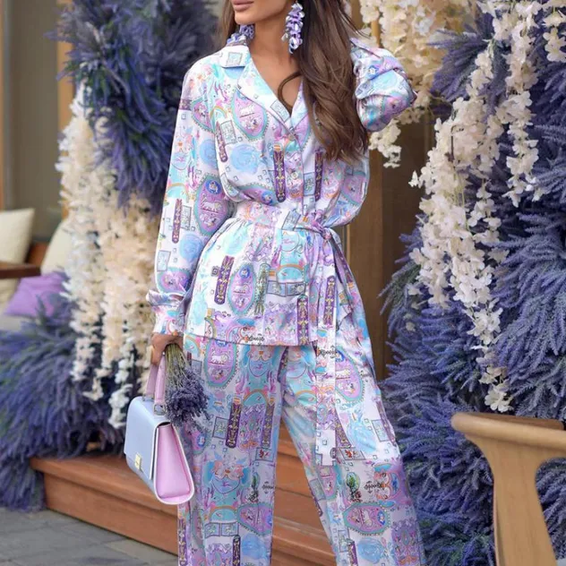 Conjunto de pijama impreso para mujeres, con mangas largas, adecuado para uso diario y exterior