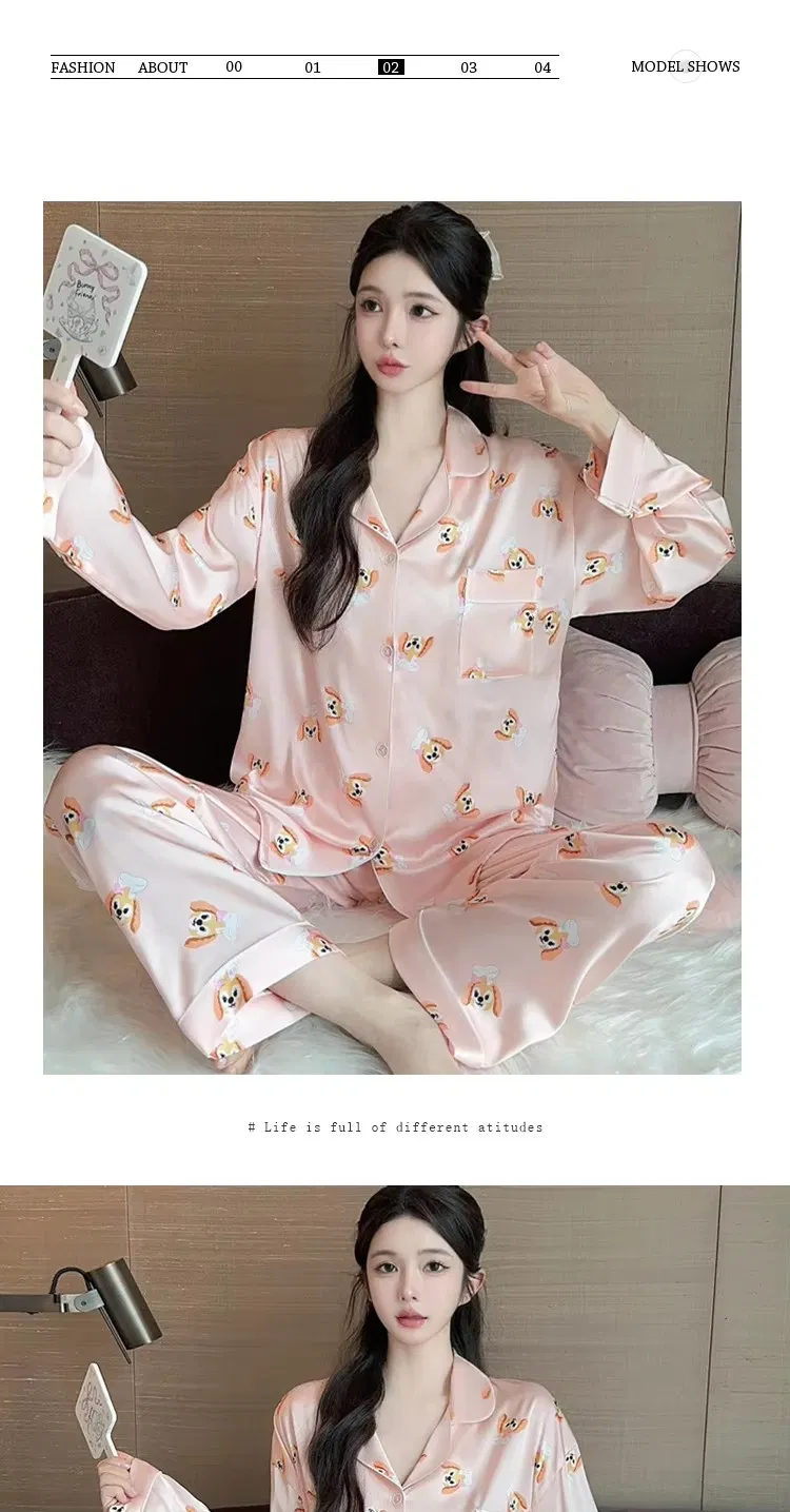 Pijama de Seda de Manga Larga para Mujer Talla Grande Talla Plus 100.00kg-175.00kg Pantalones Conjunto de Pijama