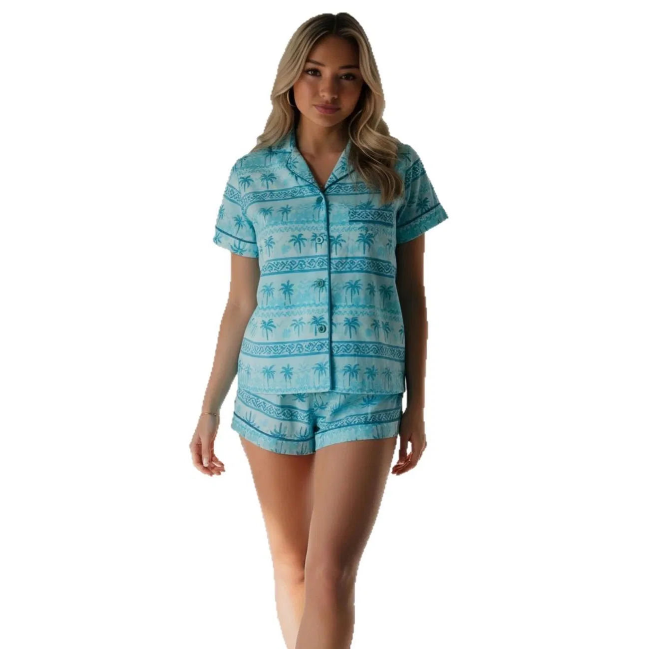 Conjunto de pijama casual de mujer con cuello de solapa, estampado, de manga corta y pantalones cortos