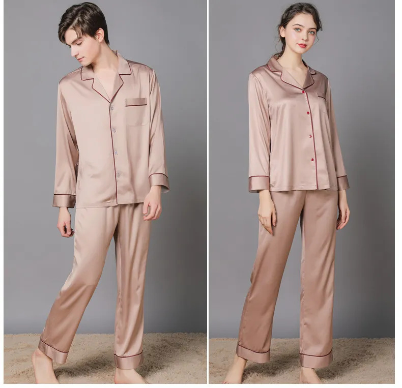 Pijamas para Nuevos Amantes. Conjunto de Manga Larga de Encaje Fino para Mujeres. Ropa de Casa de Seda. Conjunto de Dos Piezas de Seda Fría para Hombres