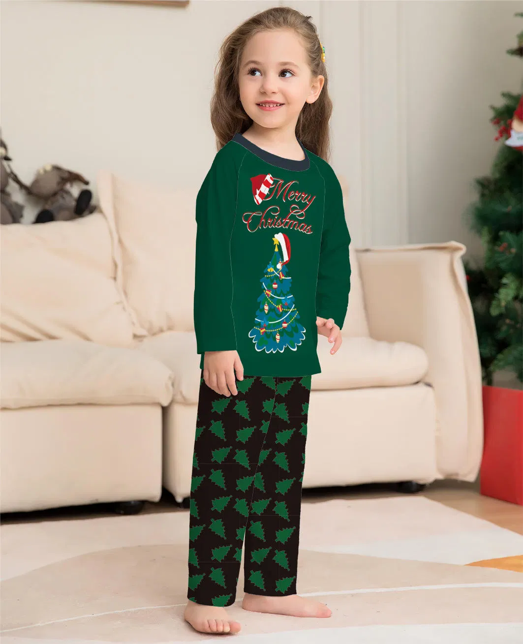 Conjunto navideño de alta calidad imitación algodón para padres e hijos, pijamas de hogar de manga larga con estampado de árbol de Navidad para la familia
