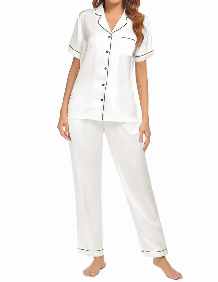 Conjunto de Pijamas de Satén Sólido para Mujeres de Manga Corta con Cuello y Botones 2 Prenda de Ropa de Casa Suave y Sedosa para Dormir Ropa de Noche Casual