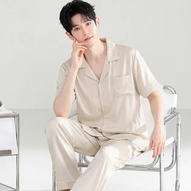 Conjunto de pijama de seda helada transpirable para hombres, de manga corta y pantalones largos, para el verano, talla grande, ropa de casa