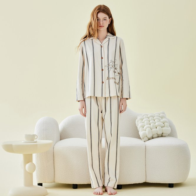 Conjunto de pijamas de algodón para pareja de primavera otoño 100% Dos piezas ropa de dormir para mujeres